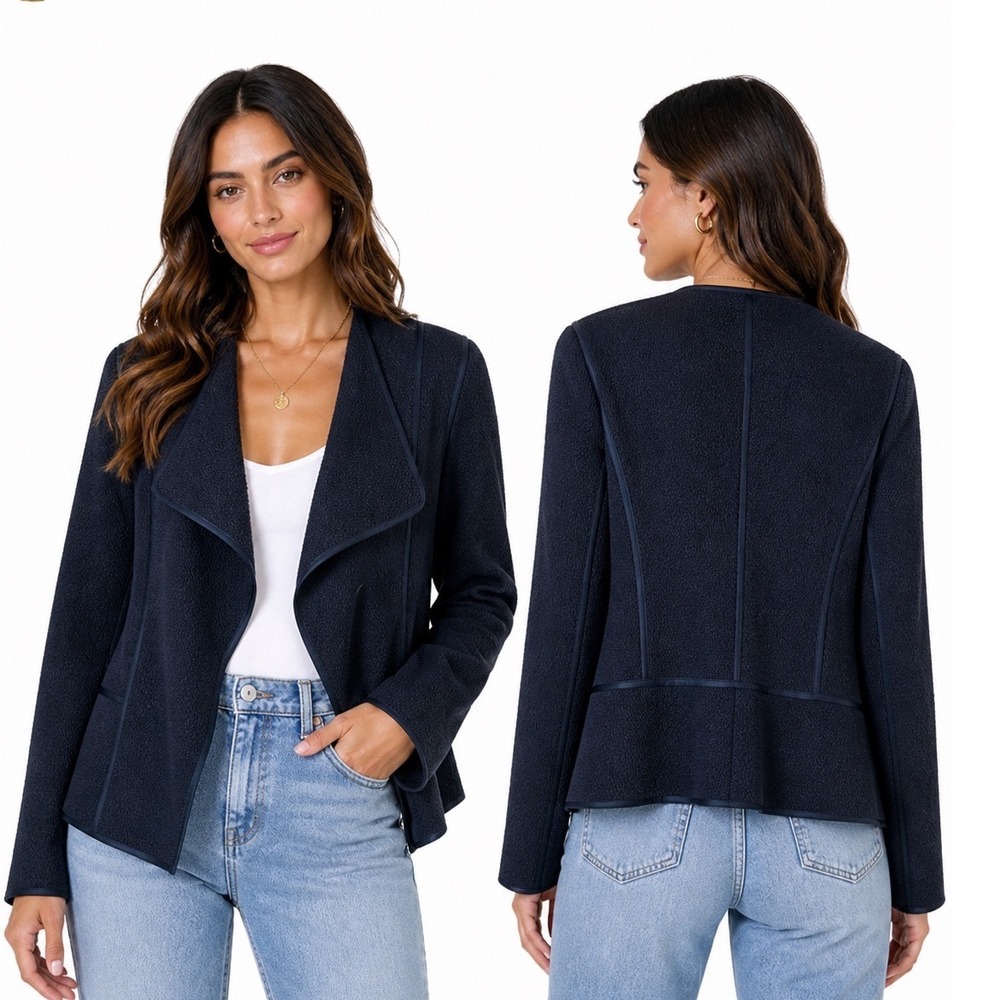 Vince Jacket Womens Medium Navy Blue Drape Front Textured Knit Minimalist Layer‎